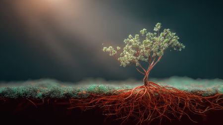 3d render of a tree growing on soil with roots and mossの素材