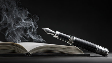 fountain pen on an open book with smoke on a black backgroundの素材