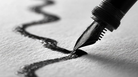 Fountain pen drawing a line on white paper, close-upの素材