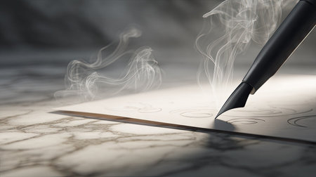 close up of a fountain pen on a notebook with smoke coming outの素材