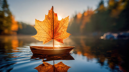 Wooden boat with autumn maple leaf floating on the lake at sunsetの素材