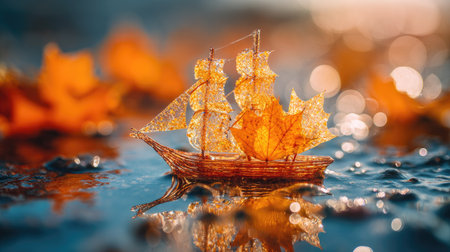 sailing boat with autumn maple leaves on dark blue background, shallow depth of fieldの素材