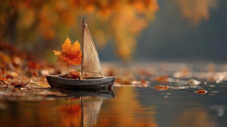 boat with autumn leaves on the lake, shallow depth of field.の素材