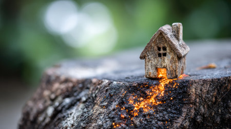 Miniature house and fire on a tree stump with bokeh backgroundの素材