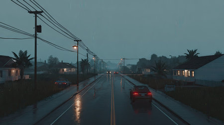 Rainy day in the countryside. Car on the road at night.の素材