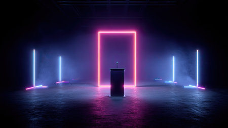 3d rendering of an empty room with neon lights and a podiumの素材
