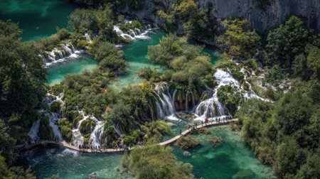 Waterfalls in Plitvice Lakes National Park, Croatia. Aerial viewの素材