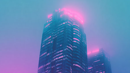 3d illustration of skyscrapers in blue and pink neon lightの素材