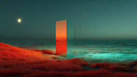 3d render of abstract landscape with green grass and red door at nightの素材