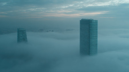 Aerial view of skyscrapers in the fog. 3D renderingの素材