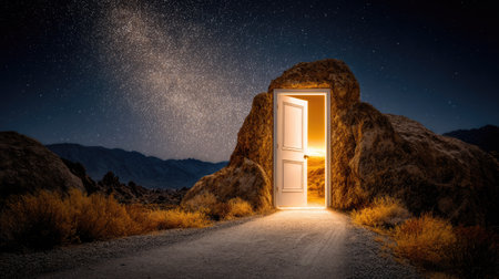 Open door in the middle of the desert at night. 3D renderingの素材