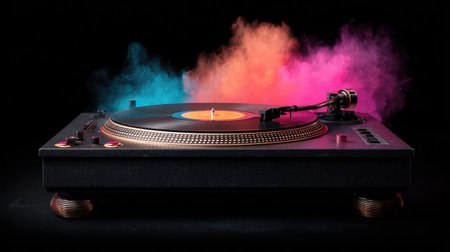Turntable playing vinyl with colorful smoke and fire on black backgroundの素材