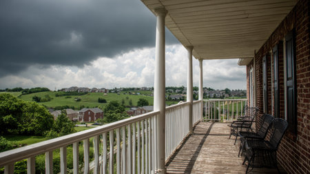 View from the balcony of a home with a cloudy sky background.の素材