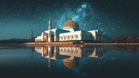Mosque reflected in the water at night with starry sky.の素材