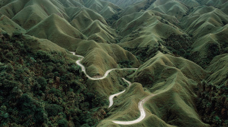 Aerial view of green hills and winding road in the mountains.の素材