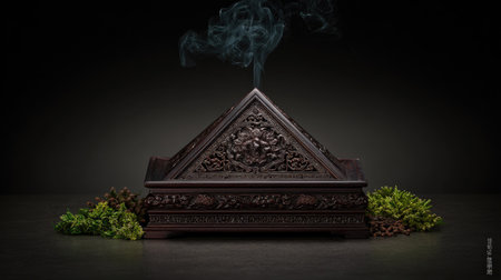 Wooden casket with smoke isolated on black background. 3d illustrationの素材