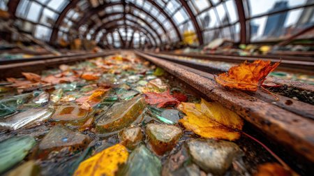 Abandoned railway tracks with autumn leaves in the city of Londonの素材