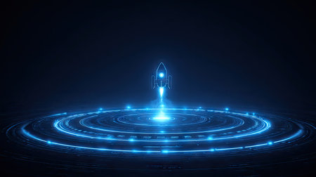 abstract space rocket on a dark blue background, 3d renderingの素材