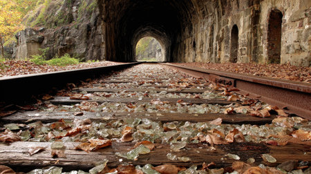 Railway in the forest with fallen leaves on the ground and a tunnelの素材