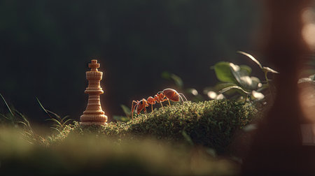 Ants and wooden chess pieces on green moss. Business and strategy concept.の素材