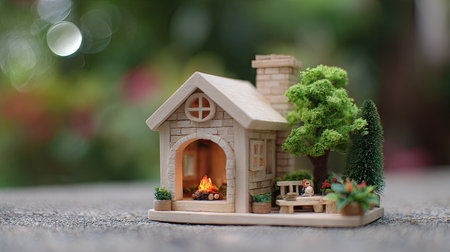 Miniature model house with fire on wood background, real estate conceptの素材