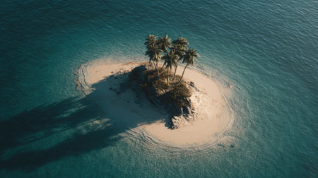 Aerial view of a small island with palm trees in the oceanの素材