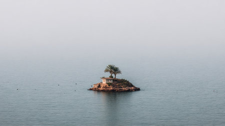 small island in the middle of the sea with a palm tree on topの素材