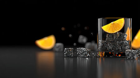 Glass of whiskey with ice cubes and orange on black background. 3d illustrationの素材