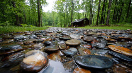 Beautiful view of the forest with a lot of stones in the waterの素材