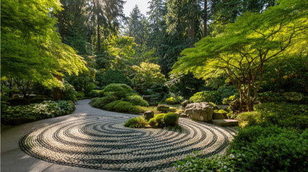 Beautiful landscaped Japanese garden in the morning light. Taken in Seattle, Washington.の素材