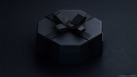 Black gift box with a black ribbon on a black background. View from above.の素材