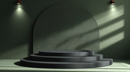 Black round podium in dark room. Mock up, 3D Renderingの素材