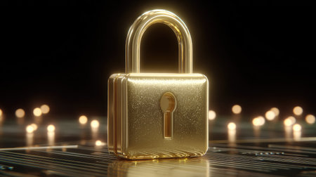 Golden padlock on a black background. 3d render illustration.の素材