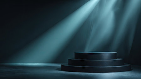 Stage podium illuminated with spotlight. Award ceremony concept. 3D Renderingの素材