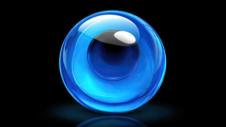 Blue glass sphere on black background. 3D rendering. Computer digital drawing.の素材