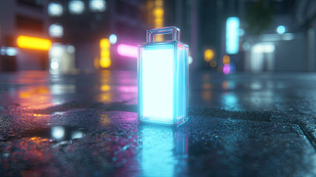 3d rendering of a lantern on a wet street in the nightの素材