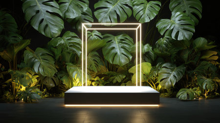 Neon podium with palm leaves and monstera plants. 3D renderingの素材