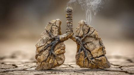 Lungs with ashes and smoke on a wooden background. Close-up.の素材