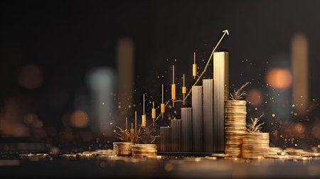 Investment concept with gold coins and graph. 3d illustration.の素材