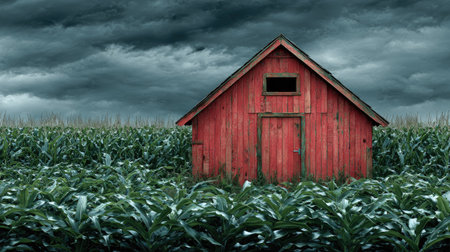 Red shed in corn field with dark stormy sky, 3d renderの素材