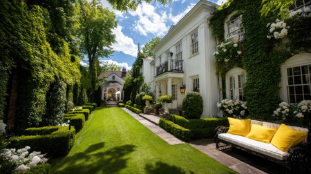 Luxury mansion in the garden with beautiful landscaping and flowersの素材