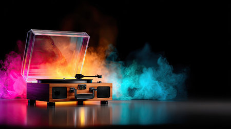Retro vinyl record player with colorful smoke on black background. 3d renderingの素材