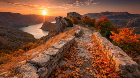 Sunset over Kotor bay, Montenegro. Beautiful autumn landscape.の素材