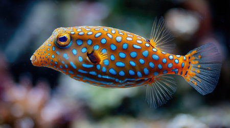 Close up of a colorful tropical fish swimming in a coral reef.の素材