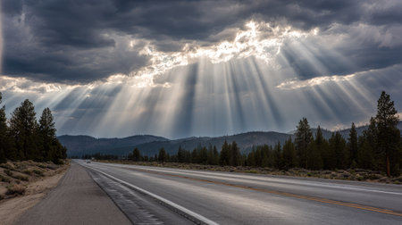 Sun rays passing through the clouds on a road in Yellowstone National Parkの素材