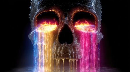 Human skull with colorful fire on black background. 3D illustration.の素材