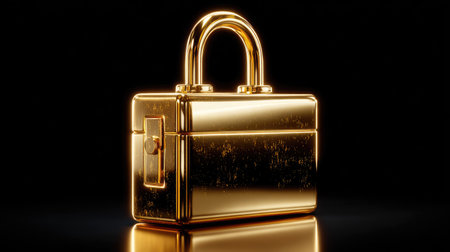 Golden padlock isolated on black background. 3d render illustration.の素材