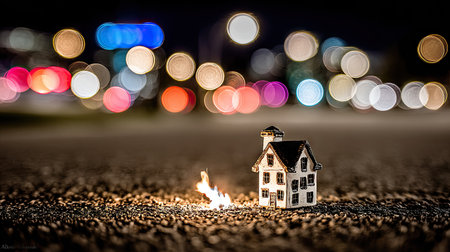 Miniature house burning on the road with colorful bokeh backgroundの素材