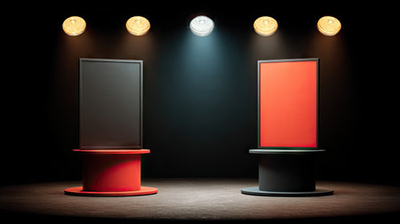 3d render of empty exhibition stand in dark room with spotlightsの素材