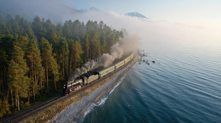Aerial view of a steam locomotive on the shore of Lake Baikal.の素材